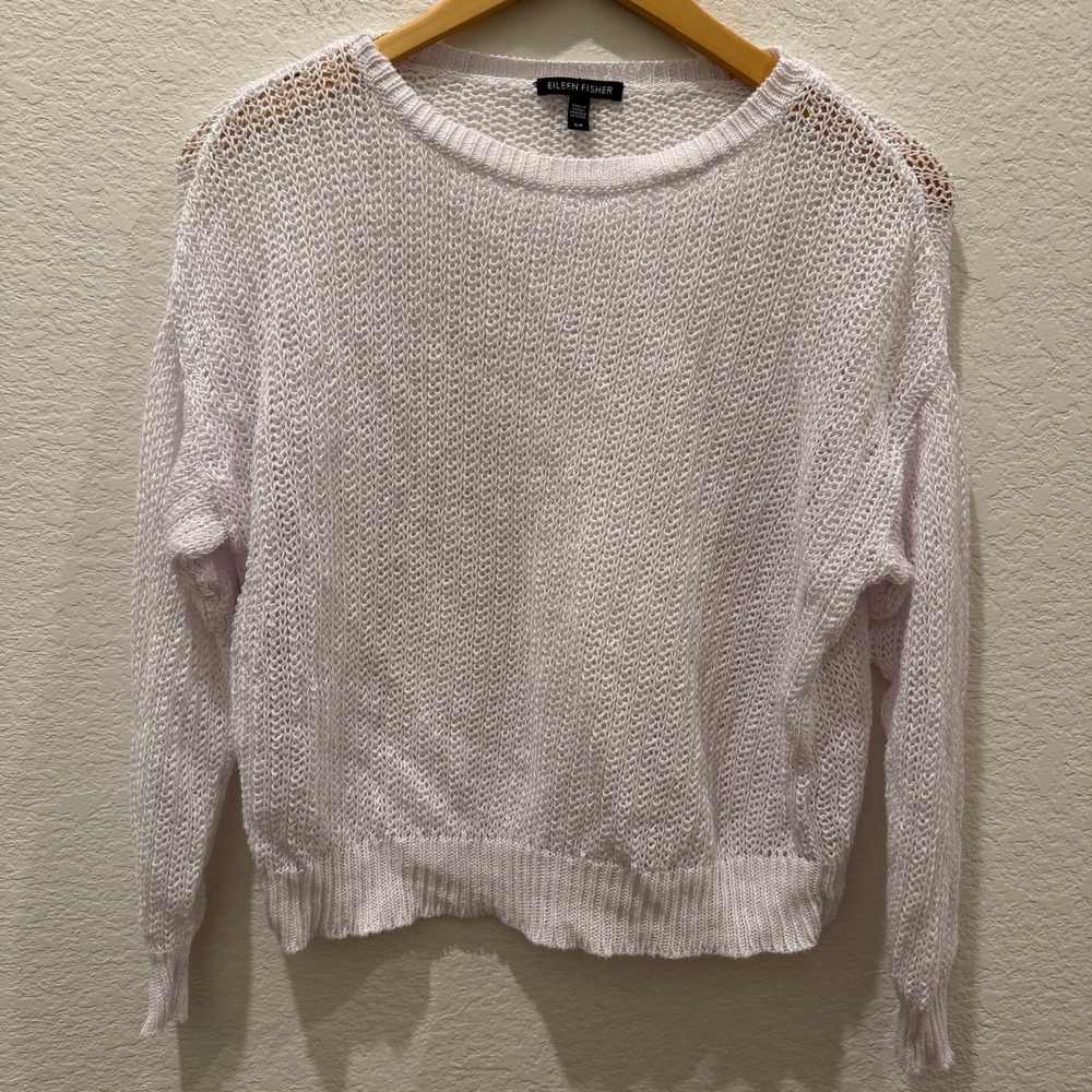 Eileen Fisher Womens White Open‎ Knit Crewneck Sweater Pullover Size Small S/P